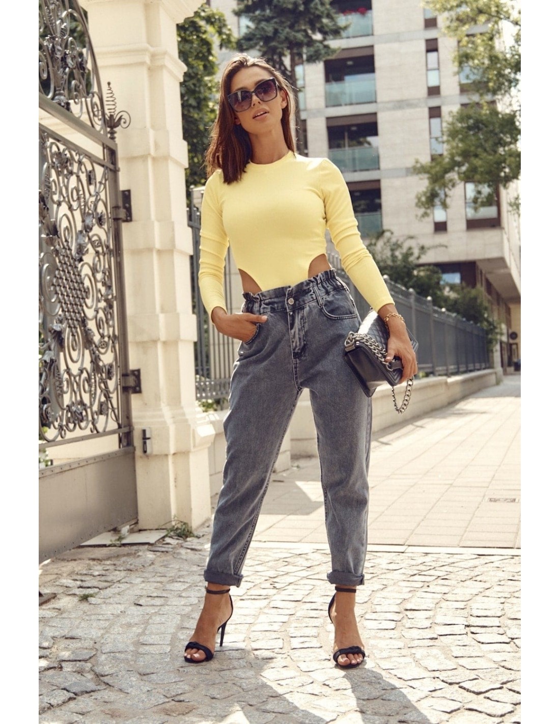 Body cu mâneci lungi cu nervuri, galben FG599 - Magazin online - Boutique